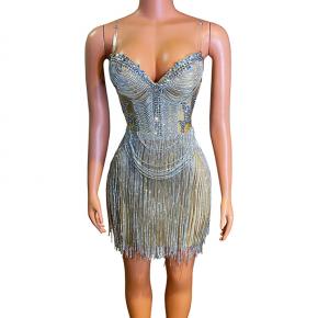 2025 New Arrival Strapless Sparkling Diamond Mini Skirt Rhinestone Tassel Club Party Evening Dress