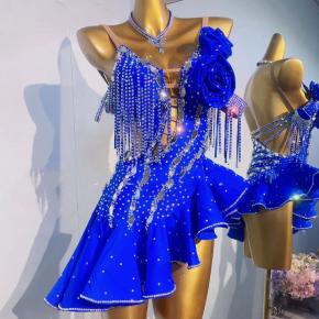 Latin dance competition clothes sequins and rhinestones oblique performance clothes high-end tassel Latin dance skirt dress performance clothes