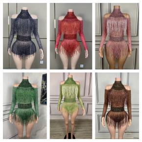 Performance costumes nightclub bar female group full diamond gold tassel jumpsuit singer dance team female group