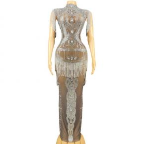 GC Festival Celebration Evening Dress Party Gathering Rhinestone Tassel Sexy Elasticity See-through Hip-wrapped Long Skirt Stage Performance