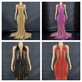Sleeveless Sexy Tassel Long Dress Tail Banquet Party Dress Long Skirt Mesh See-through Stage Host Performance Costume