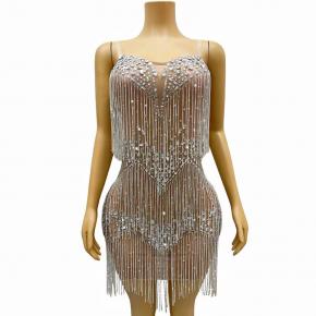 Fashionable performance costumes, tassel one-piece diamond-studded high-end event dresses, luxurious Latin dance costumes