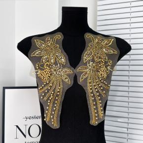 金色重工刺绣珍珠珠管亮片布贴婚纱贴花民族风格