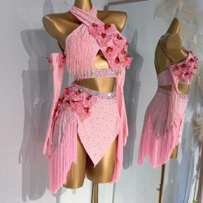 Latin Dance Costumes for Women New Latin Dance Skirts Tassel Flowers Halter Neck Top Skirt Suit Dance Costume pink
