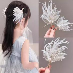 New Diamond Mesh Rice Bead Children's Hairpin Feather Pearl Duckbill Clip Set Fashionable Bridal Side Clip Hairpin Decoration