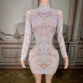 European and American Cross-border Hot Sale Pearl Mesh Half High Collar Tight Ultra-short Dress Mini Skirt Evening Dress