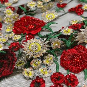 网纱手工串珠亮片花朵刺绣布礼服裙高定面料lace fabric