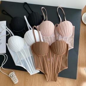 新款鱼骨抹胸网纱蕾丝塑性美背内衣外穿辣妹不规则带胸垫压褶