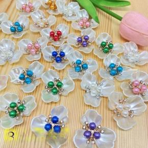 三叶仿贝壳花瓣三颗珍珠花心钻配件手工DIY新娘团扇手捧花装饰