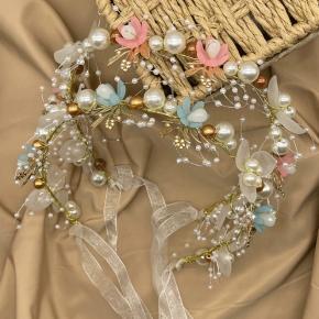 Flower Pearl Headband Adjustable Ribbon Garland Braided Headband Exquisite Princess Mesh Headband