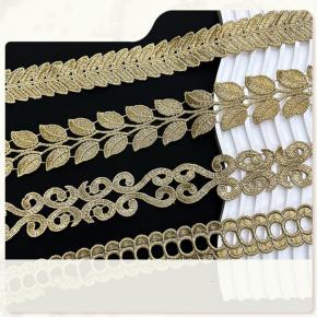 Gold Thread Bar Code Leaf Embroidery Lace Water-Soluble Polyester Fabric for Clothing Shoes & Home Decor