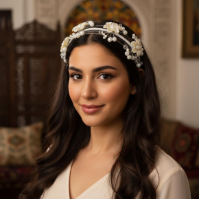 Handmade white flower beaded wedding dress hair accessories, headpieces, and pearl headbands for brides.