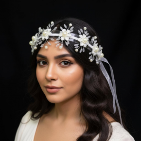 Ethereal transparent floral pearl headband, ribbon-decorated luxury hair accessory, suitable for bridal portraits and everyday wear.