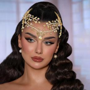 Original European and American handmade forehead chain double hair comb pendant forehead ornament champagne rhinestone comb accessory