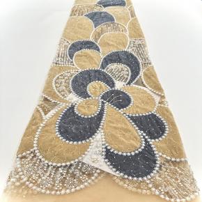 Two-Color Flannel Laser Embroidery Fabric European American Beaded Tube Embroidery Sequin Lace Mesh Fabric for High-End Evening Dresses