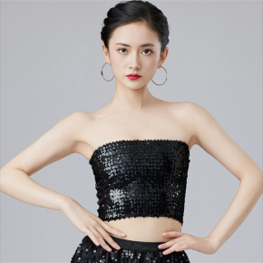 女亮片抹胸上衣万圣节舞台服装高弹力珠片防走光裹胸肚皮舞演出服