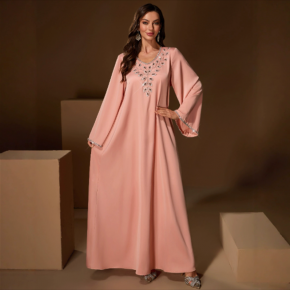 Foreign Trade Middle East Women's Cross border New Fashion Handmade Diamond studded V-neck Loose Robe Robe