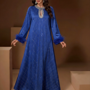New cross-border Muslim Middle East high-end fashionable round neck handmade beaded lantern sleeve dress robe