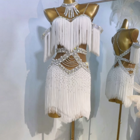 New Adult Latin Dance Dress, Polyester Tassel Rhinestone Chain Sequin Stage Costume