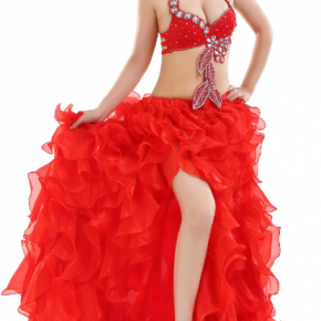 Women Belly Dance Ruffled Skirt, Split Leg Exotic Oriental Dance Performance Costume