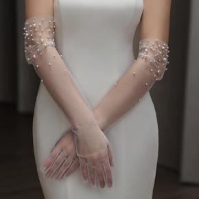 Long Sheer Bridal Gloves Hand Beaded Elegant Slim Opera Gloves for Wedding Evening Party