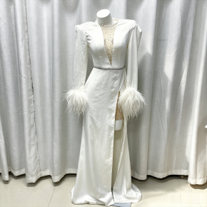 New cross-border women's clothing independent website eBay sexy rhinestone deep V slit feather banquet evening dress