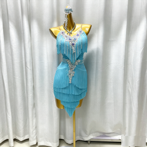 Deep V sequined tassel dress Latin dance dress dance competition costume adult Latin performance costume group stage performance costume