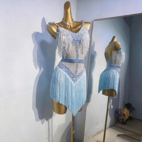 New Rhinestone Tassel Latin Dance Dress for Women, Adult Cha Cha Practice Outfit, Group Competition & Performance Costume