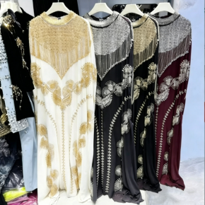 Cross-border foreign trade luxury lightweight heavy-duty sequined beaded batwing cape long dress women's high-end formal evening gown