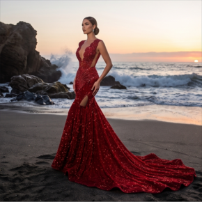 Luxury and sophisticated ball gown, European and American style slim-fitting mermaid evening dress with sequins and rhinestones