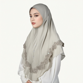 Women's simple beaded headscarf with single-layer lace trim and crystal embellishments. New style pullover headscarf. Silk bag-style headscarf.