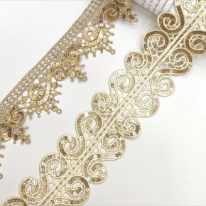 Lden Wave-shaped Grass Pattern Sequin Trim with Gold Thread Embroidery and Lace Perforation