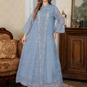 Stock Cross Border Hot Sale Mesh Full Embroidery Kaftan Factory Wholesale New Heavy Beaded Long Robe Women Dress