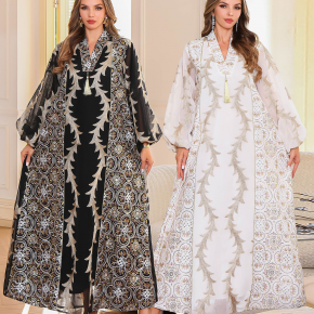 Factory Wholesale Women Long Dress Heavy Embroidery Luxury Kaftan For Festival Party Summer Mesh Embroidery Maxi Dress