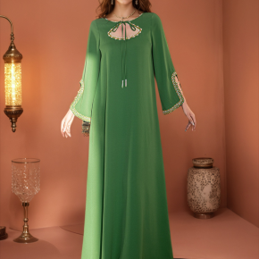 New Arrival Women's Luxury European & American Long Sleeve Rhinestone Loose Split Green Maxi Dress