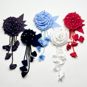 Handmade fabric rose with pleated petals, crystal beads, and tassel—suitable for use as a hair accessory, wedding gown/formal dress corsage, or garment embellishment