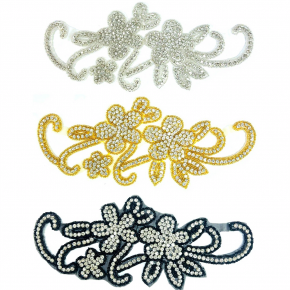 New Arrival Black Hot Fix Rhinestone Applique Iron‑on & Sew‑on Crystal Rhinestone Flower Patch Handmade Glue Rhinestone Motif for Evening Dress Wedding Garment Accessories