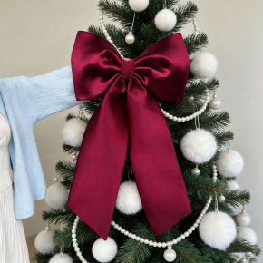 Burgundy Stretch Satin Large Christmas Bow, Xmas Tree Wreath Hanging Ornament, Holiday Scene Atmosphere Decor Pendant