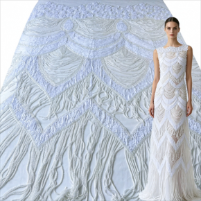 White Tulle Beaded Fabric, Fringe Pearl Tube Embroidery Lace for Wedding Dress