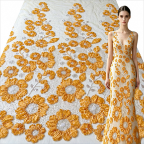 3D Sunflower Ribbon Embroidery Lace Fabric Beaded Sequined For Wedding Qipao
