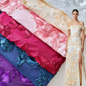 3D Large Flower Ribbon Embroidery Tulle Fabric, Heavy Lace for Wedding & Stage Dress