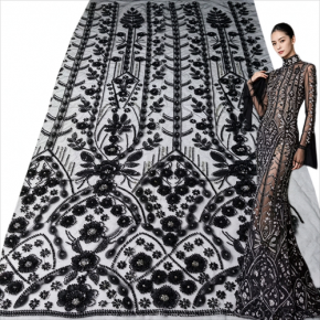 Black Heavy Beaded Sequined Tulle Lace Fabric, 3D Flower for African & Middle East Evening Dress