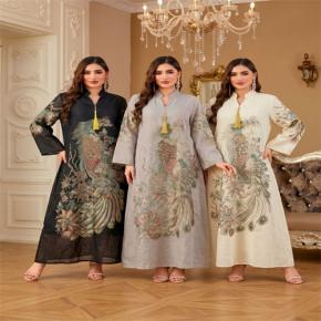 Heavy Phoenix Embroidery Long Dress For Women, Loose Stand Collar Tassel Elegant Export Maxi Gown