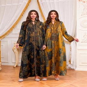 Cord Embroidery Printed Loose Long Sleeve Maxi Dress, Plus Size Export Women Gown