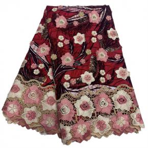 African 3D Flower Embroidery Lace Fabric, Wax Print Base With Water-soluble Lace For Dress