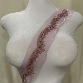 Pink Tulle Lace Trim With Hand Beads & Rhinestones