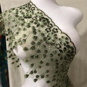 Green Mesh Heavy Embroidered Beaded Lace Applique, Lace Motif for Wedding Evening Dress Shoulder Decoration