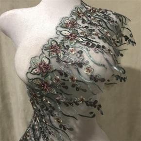 Multi Color Heavy Embroidered Beaded Rhinestone Lace Applique, Floral Mesh Motif for Wedding Evening Dress Shoulder Neck Decoration