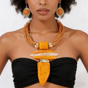 African Ethnic Multi-strand Rope Chain Imitation Horn Resin Pendant Necklace & Earring Set, Vintage Bohemian Bold Statement Jewelry for Women Party Stage Costume