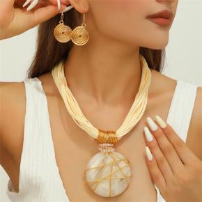 African Ethnic Multi-strand Rope Chain Round Resin Wire Wrapped Big Pendant Necklace & Earring Set, Vintage Bohemian Bold Statement Jewelry for Women Party Stage Costume